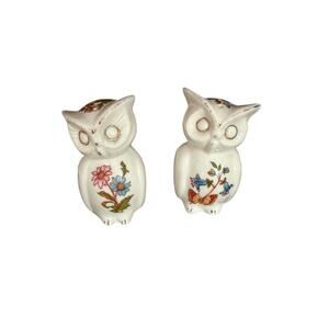 VINTAGE MCM Owl Salt & Pepper Shakers Bone China Floral Butterflie Handpainted